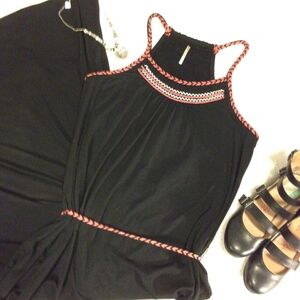 Black Maxi Dress with Coral Trim Halter Neck